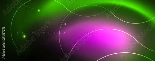 Shiny neon lines template - northern lights glowing blur lines. Futuristic style glow neon 80s disco club or night party techno template