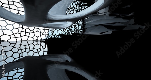 Abstract white and black interior multilevel public space with window. 3D illustration and rendering.