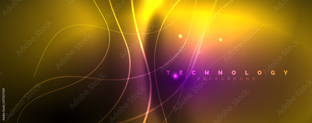 Fototapeta premium Shiny neon lights, dark abstract background with blurred magic neon light curved lines