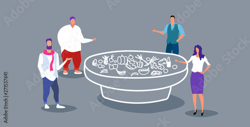businesspeople standing at catering banquet table with different food business people eating fruits and vegetables on corporate christmas birthday event party sketch horizontal full length