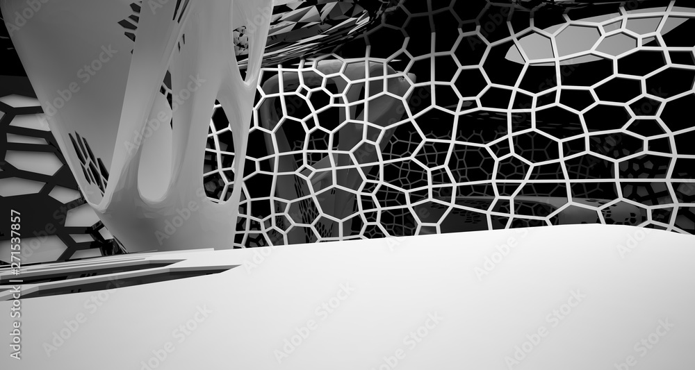 Abstract white and black interior multilevel public space with window. 3D illustration and rendering. Abstract white and black interior multilevel public space with window. 3D illustration and rendering.