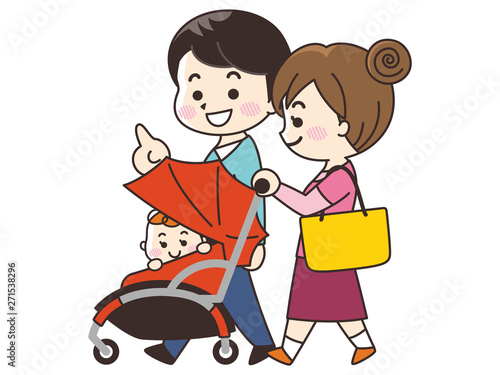 散歩する若い夫婦と赤ちゃん