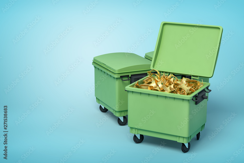 3d rendering of green trash bins with golden crowns inside on blue background 3d rendering of green trash bins with golden crowns inside on blue background