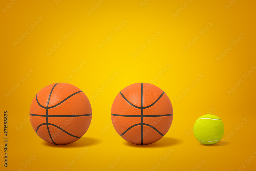 3d rendering of two basketballs and one tennis ball in row on amber background.