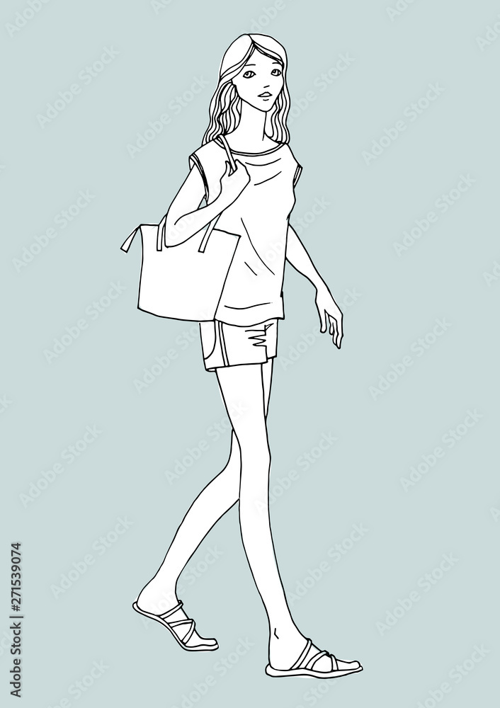 Cute travel girl with bag in hand drawn sketch style. Fashion vector illustration on grey Cute travel girl with bag in hand drawn sketch style. Fashion vector illustration on grey