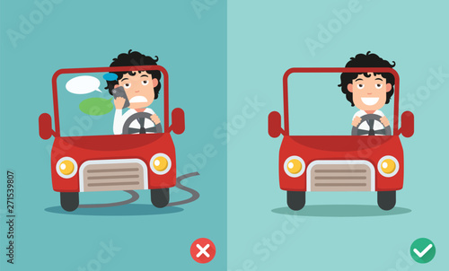 No texting ,No talking, Right and wrong ways riding to prevent car crashes.vector illustration