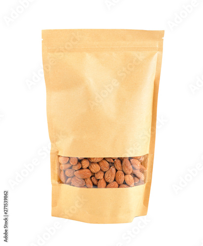 Almonds in packaging isolated on white background