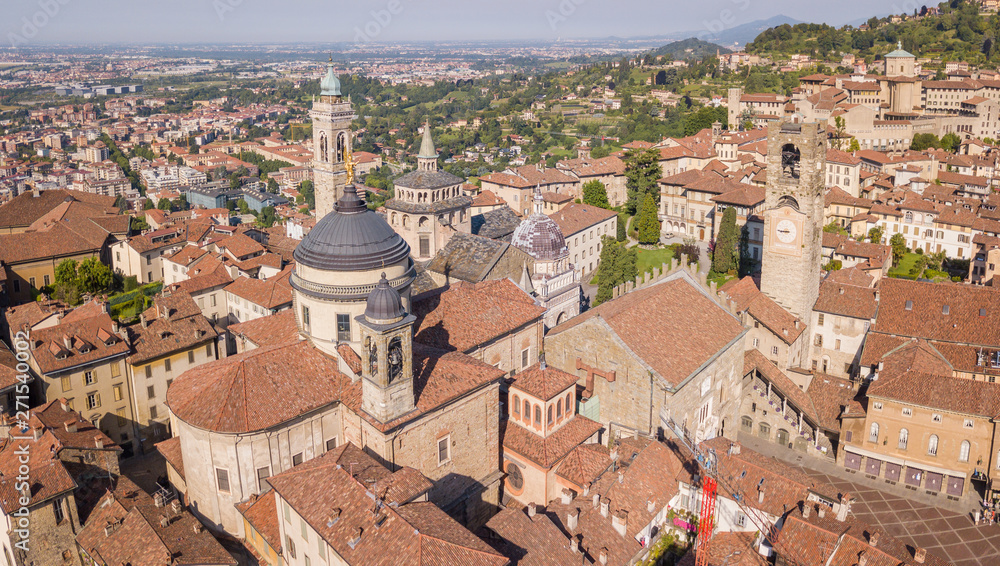 Bergamo, Italy. Amazing drone aerial view of the old town. Landscape at the city center and its historical buildings