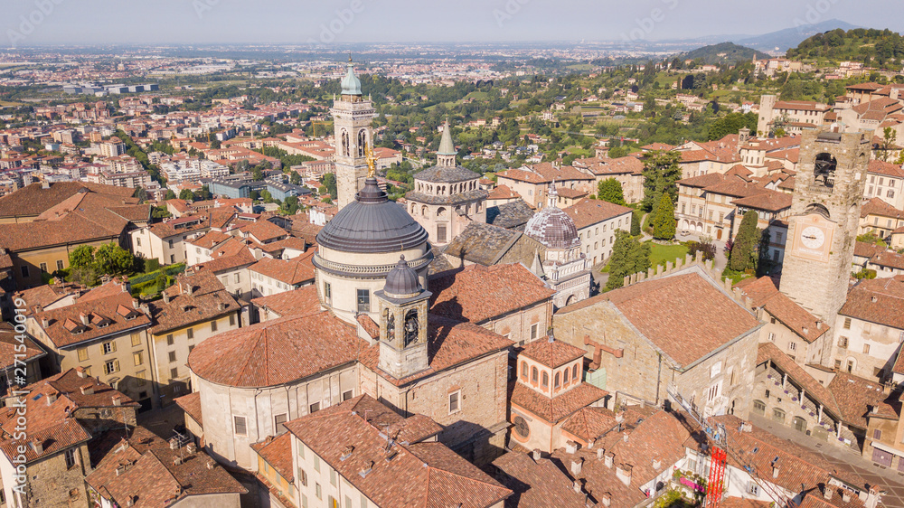 Bergamo, Italy. Amazing drone aerial view of the old town. Landscape at the city center and its historical buildings