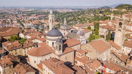 Bergamo, Italy. Amazing drone aerial view of the old town. Landscape at the city center and its historical buildings © Matteo Ceruti