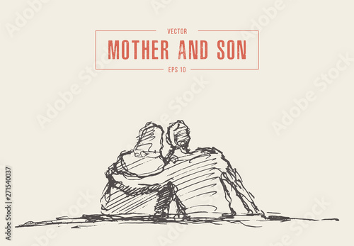 Mother and son sit hugging hand draw vector sketch