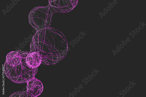 Abstract dark background with the image of dividing balls woven from a variety of bright colored threads. 3D illustration
