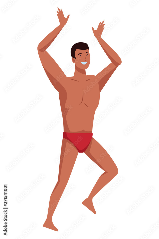 Young man dancing in summer time in swimsuit Young man dancing in summer time in swimsuit