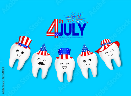 Cute cartoon teeth with American hat. concept for patriotism in America and celebration of independence day and the fourth of july for the United States. illustration.