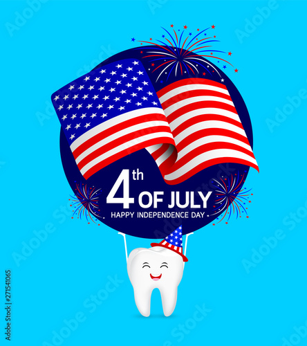 Cute cartoon tooth with American hat. concept for patriotism in America and celebration of independence day and the fourth of july for the United States. illustration.