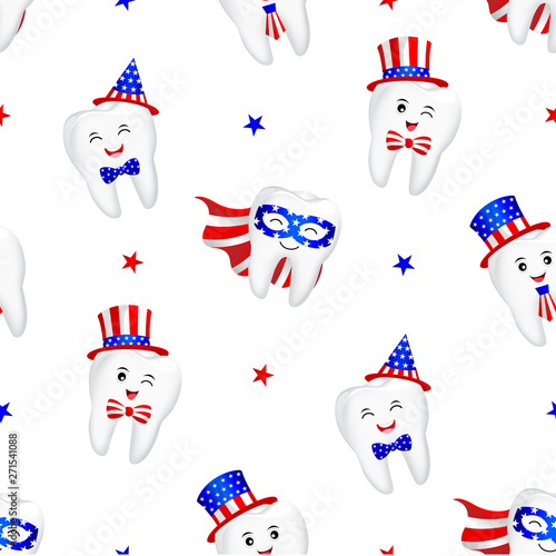 Cute cartoon tooth with American suit seamless pattern. concept for patriotism in America and celebration of independence day and the fourth of july for the United States. illustration.