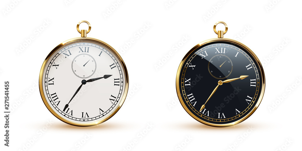 Round white and black clocks with golden frame realistic vector illustration Round white and black clocks with golden frame realistic vector illustration