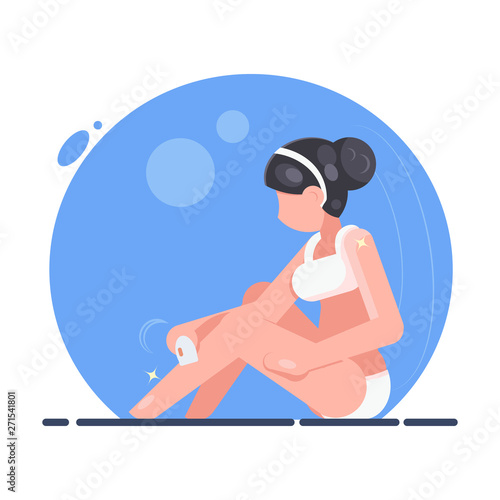 Beautiful woman sitting making body depilation epilator clean procedure flat design vector illustration