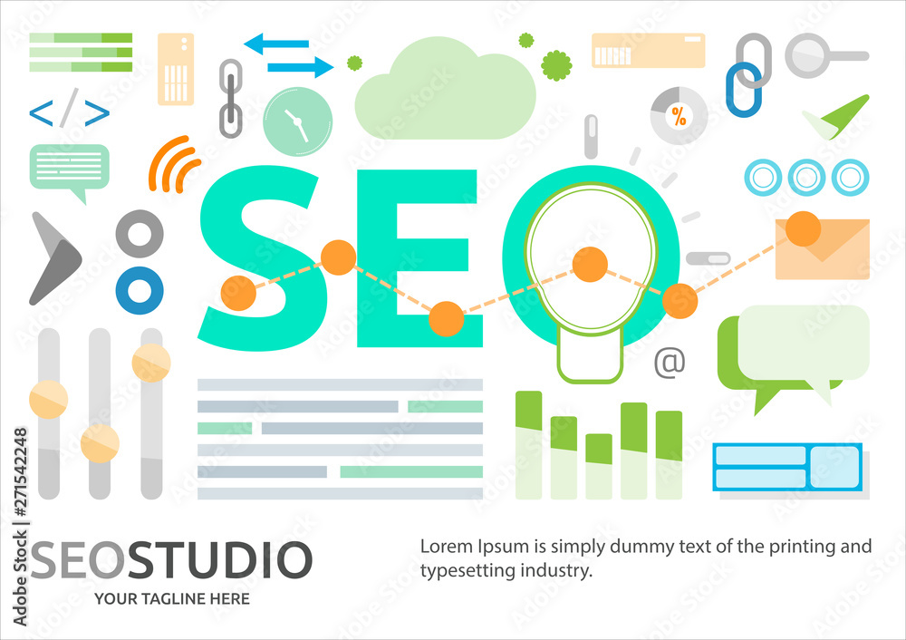 SEO, Search engine optimization word with element background idea, Clean and flat style for business banner or poster.