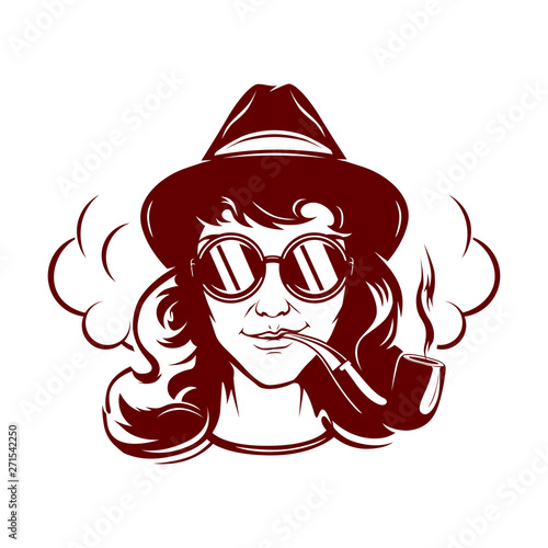 Hipster female face with sun glasses, smoking tube stylish hat and somke around (ID: 271542250)