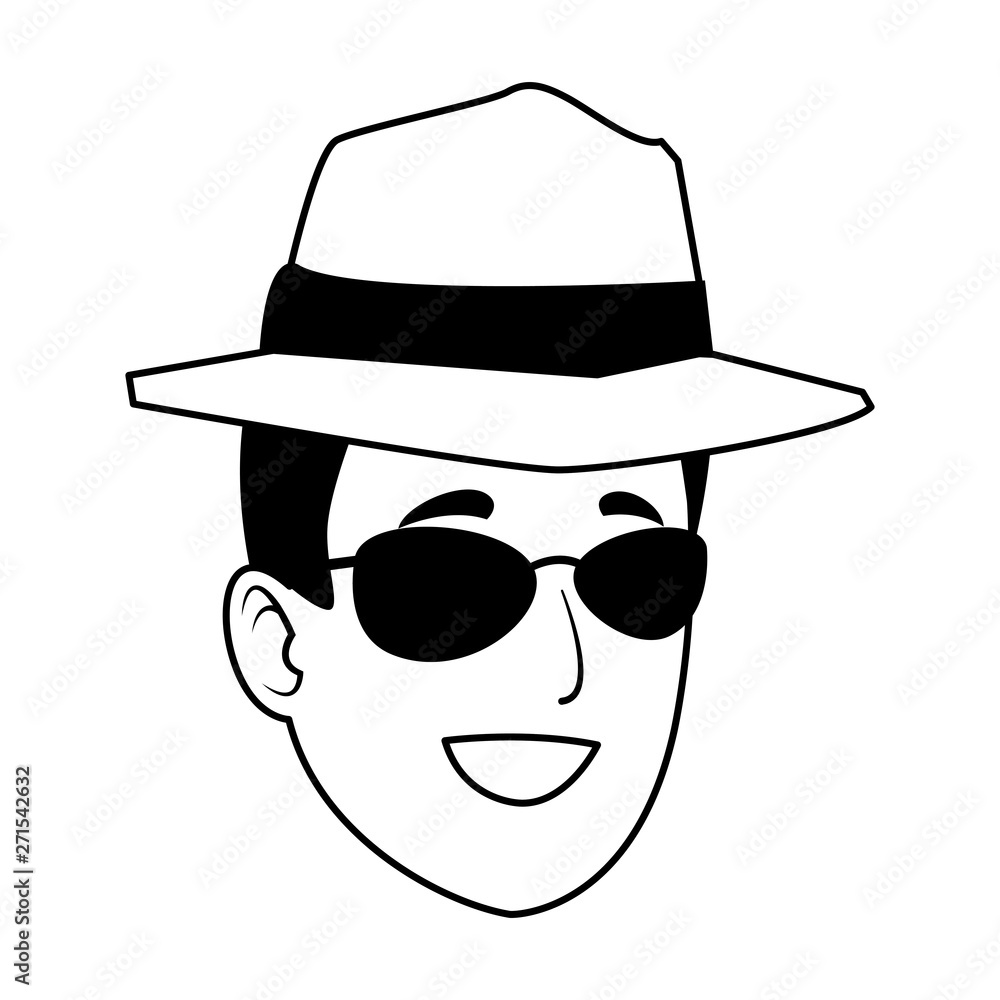 Young man with sunglasses and hat face cartoon in black and white