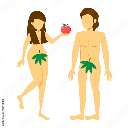 Adam and Eve characters. Naked female with leaf