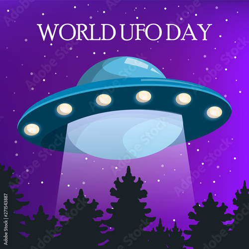 World UFO Day. Spaceship flying in the night sky