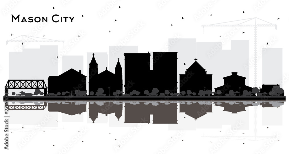 Mason City Iowa City Skyline Silhouette with Black Buildings and Reflections Isolated on White.
