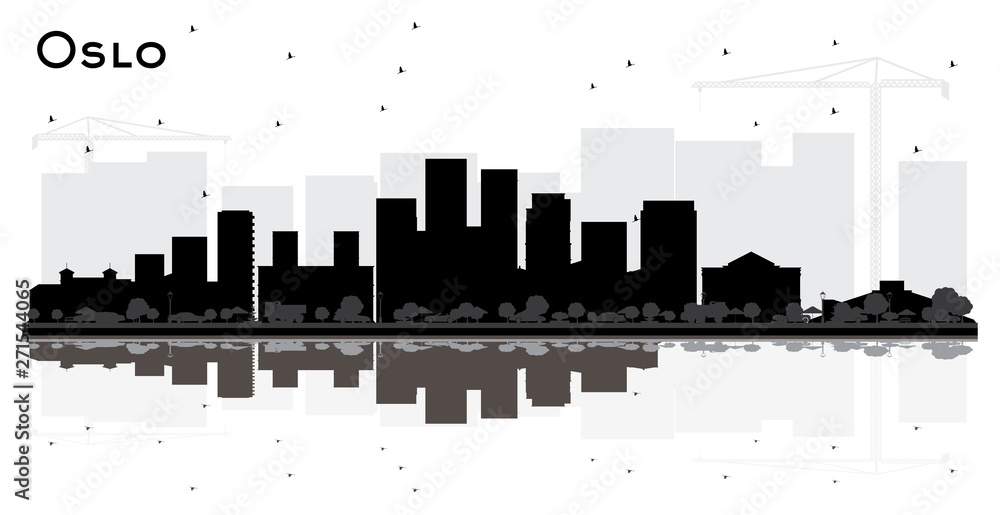Oslo Norway City Skyline Silhouette with Black Buildings and Reflections Isolated on White.