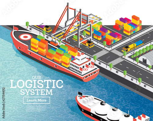 Isometric Sea Port with Container Ship. Gantry Crane Loads Cargo on Ship. Port Infrastructure.