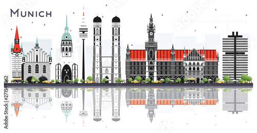 Munich Germany City Skyline with Color Buildings Isolated on White.