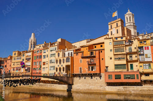 Girona. Colorful houses on the river Onyar. Beautiful town of Girona, Catalonia, Spain