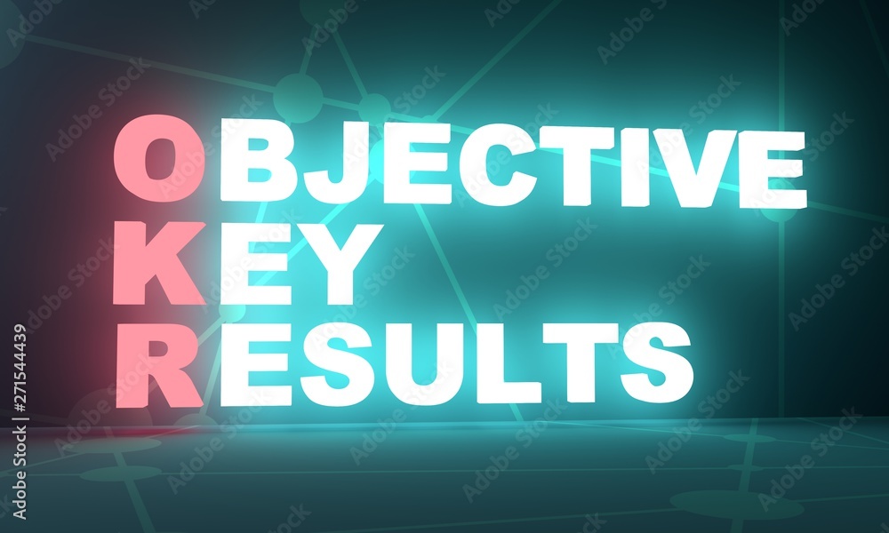 Acronym OKR - Objective Key Results. Business conceptual image. 3D rendering. Neon bulb illumination