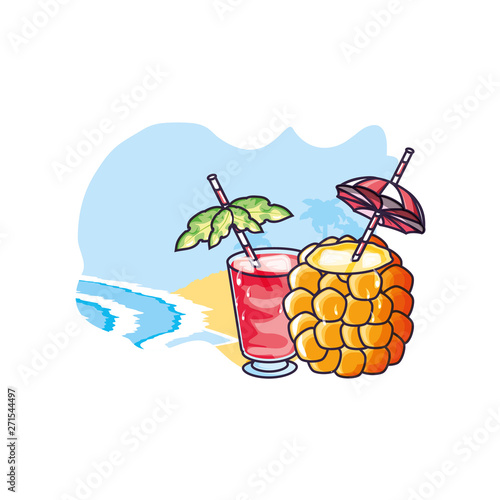 cocktail of pineapple with glass of juice in the beach