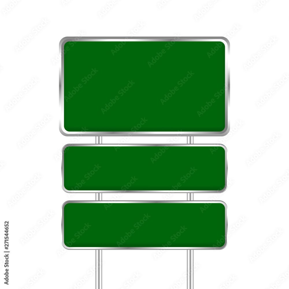 empty green traffic sign board and pole metal isolated on white