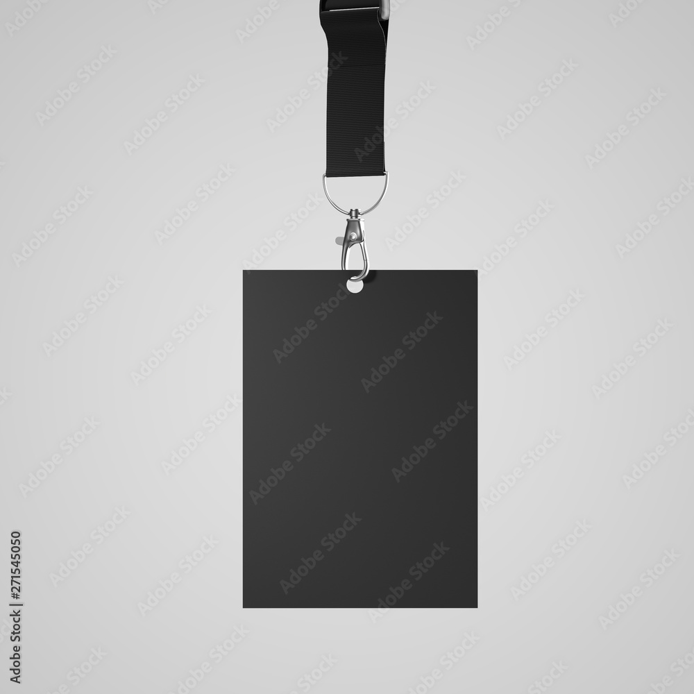 ID card hanging on a dark ribbon on a white background. Place for text. Mock up. 3d rendering - obrazy, fototapety, plakaty 