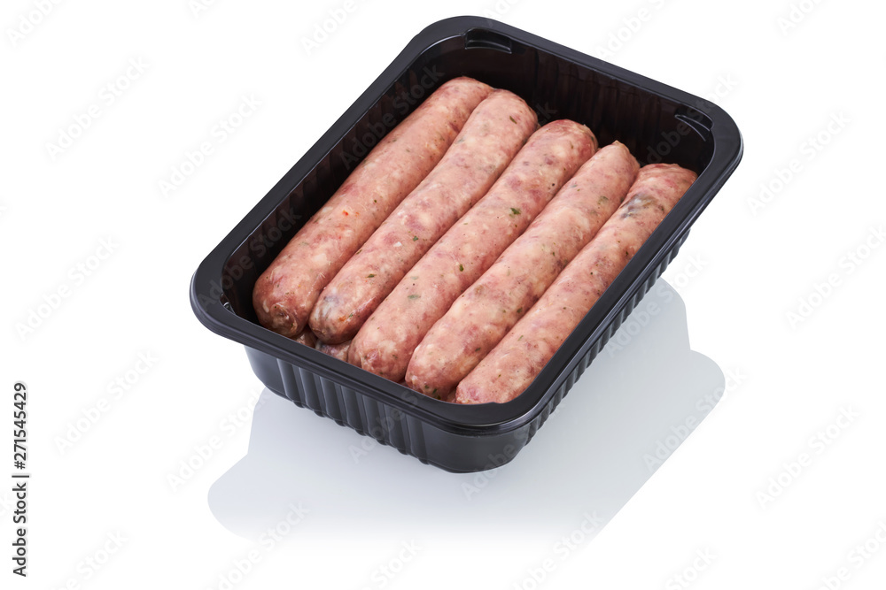 Plastic container with raw sausages isolated on white Plastic container with raw sausages isolated on white