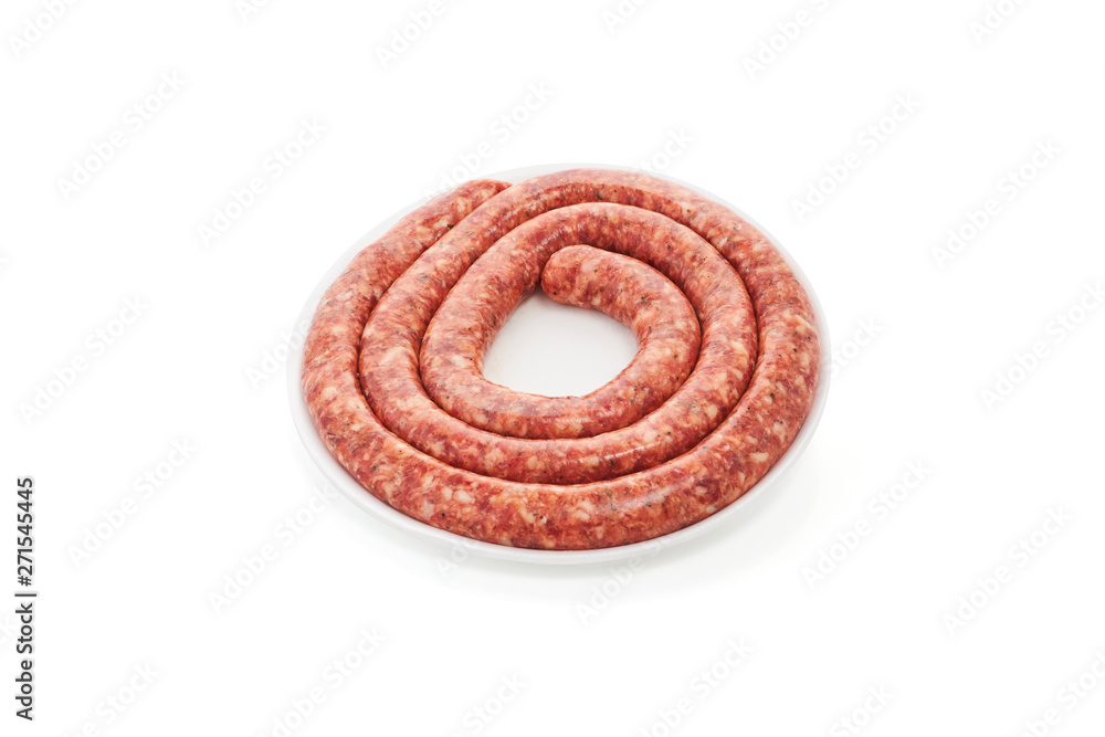 Plastic container with raw sausages isolated on white Plastic container with raw sausages isolated on white