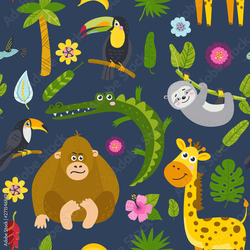 Seamless pattern with cute animals from the jungle.