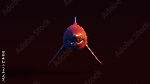 Silver Great White Shark with Red Blue Moody 80s lighting Front 3d illustration 3d render
