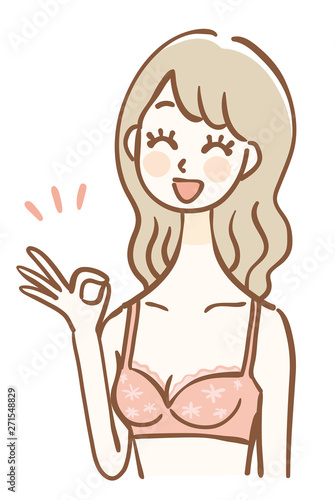 下着姿の女性　上半身　OKサイン