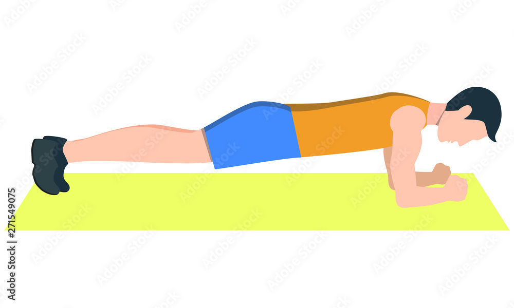 The active man in the sportswear is doing the plank exercise. Flat illustration of young strong man training plank - Vector The active man in the sportswear is doing the plank exercise. Flat illustration of young strong man training plank - Vector