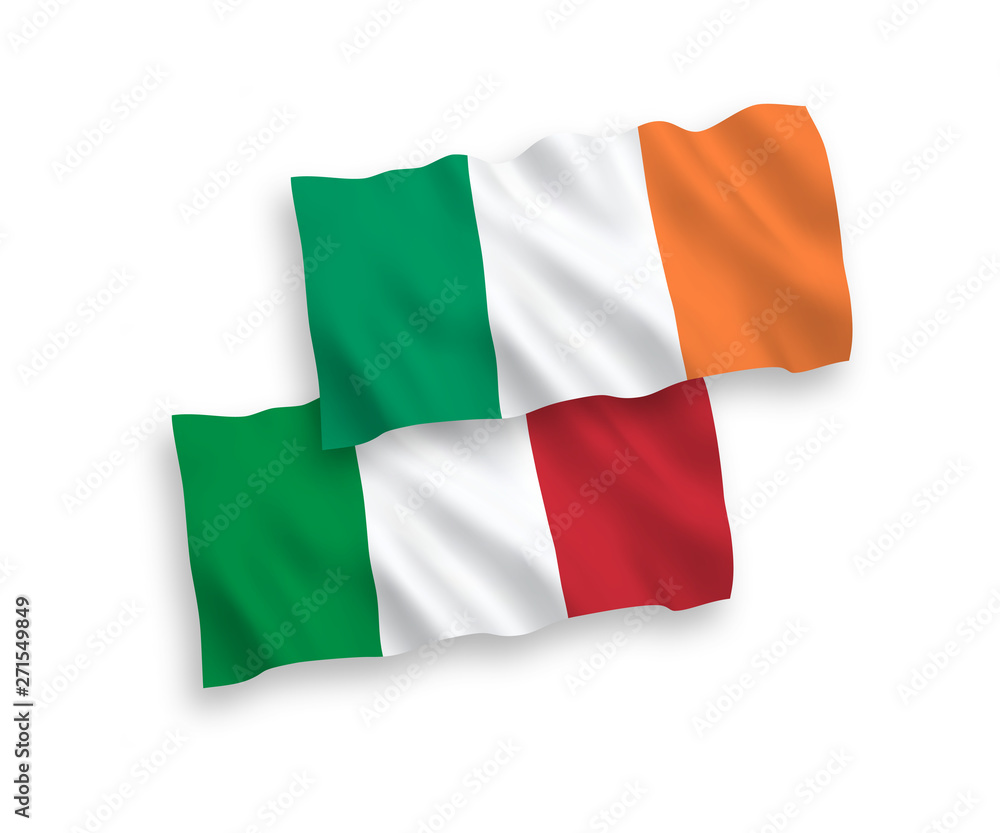 National vector fabric wave flags of Italy and Ireland isolated on white background. 1 to 2 proportion.