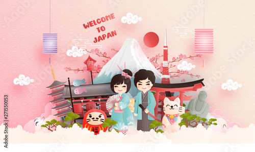 Travel postcard, poster, tour advertising of world famous landmarks of Japan with Fuji mountain and Japanese people in Kimono dress in paper cut style. Vector illustration 