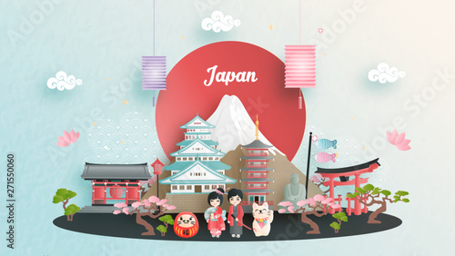 Travel advertising with travel to Japan concept with Japanese famous landmark. Paper cut style vector illustration