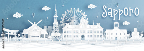Obraz na plátne Panorama view of Sapporo city skyline with world famous landmarks of Japan in paper cut style vector illustration