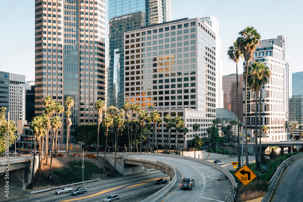 Los Angeles cityscape skyline view of the 110 Freeway, in downtown Los Angeles, California