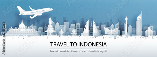 Travel advertising with travel to Indonesia concept with panorama view of city skyline and world famous landmarks in paper cut style vector illustration. photo