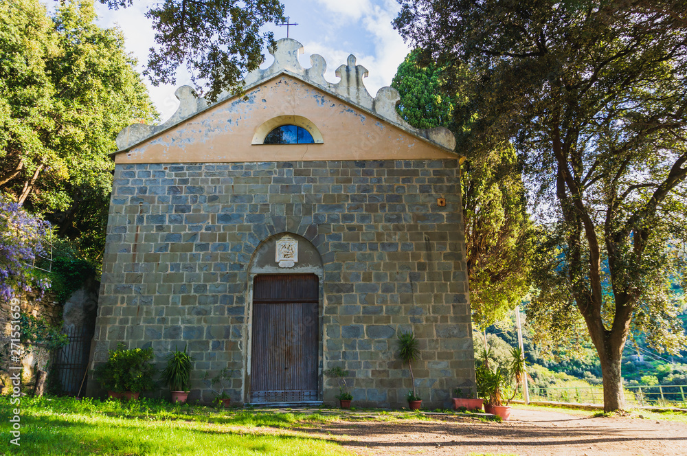 The Sanctuary of Our Lady of Reggio (Santuario di Nostra Signora di Reggio) a famous church landmark dating since 1248 in Vernazza, Cinque Terre, Italy.