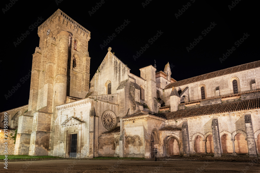 Night scene of Monasterio de las Huelgas - Burgos.  Abbey of Santa Maria la Real de Las Huelgas - Burgos, Castile and Leon, Spain .